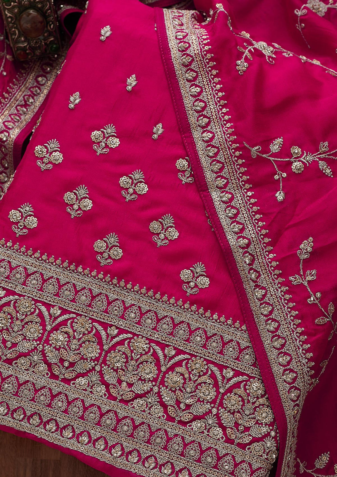 Rani Pink Zariwork Raw Silk Unstitched Salwar Suit-Koskii