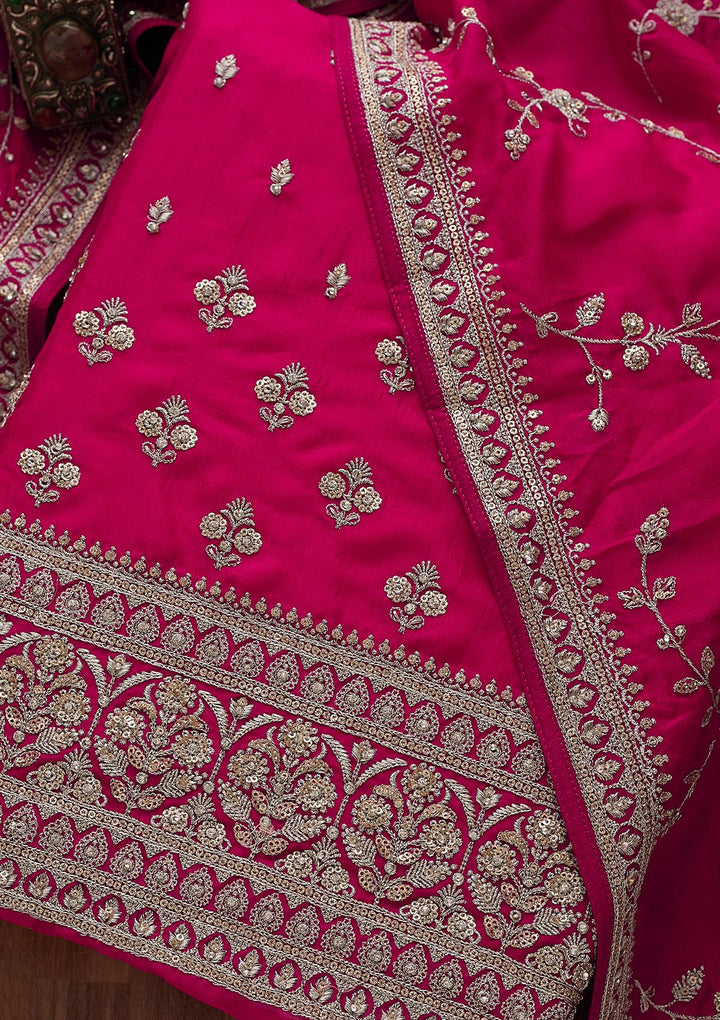 Rani Pink Zariwork Raw Silk Unstitched Salwar Suit-Koskii