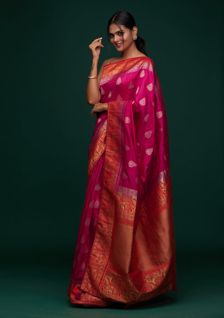 Rani Pink Zariwork Raw Silk Designer Saree - Koskii