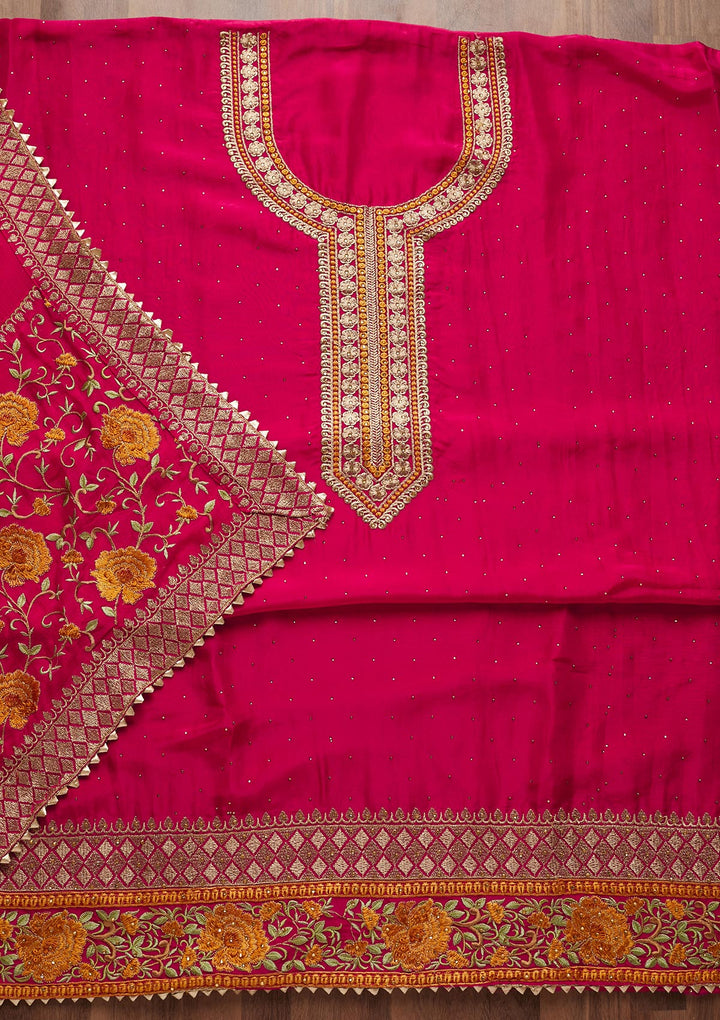 Rani Pink Zariwork Semi Crepe Unstitched Salwar Suit - Koskii