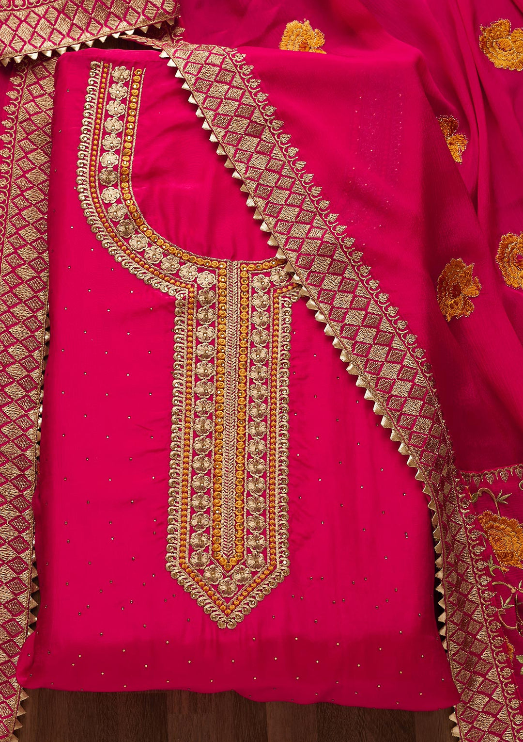 Rani Pink Zariwork Semi Crepe Unstitched Salwar Suit - Koskii