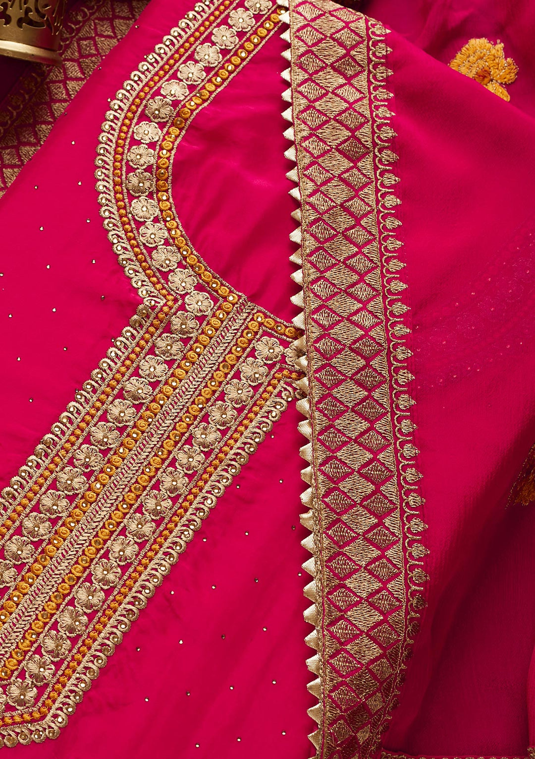 Rani Pink Zariwork Semi Crepe Unstitched Salwar Suit - Koskii