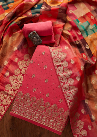 Rani Pink Zariwork Semi Crepe Designer Unstitched Salwar Suit - koskii