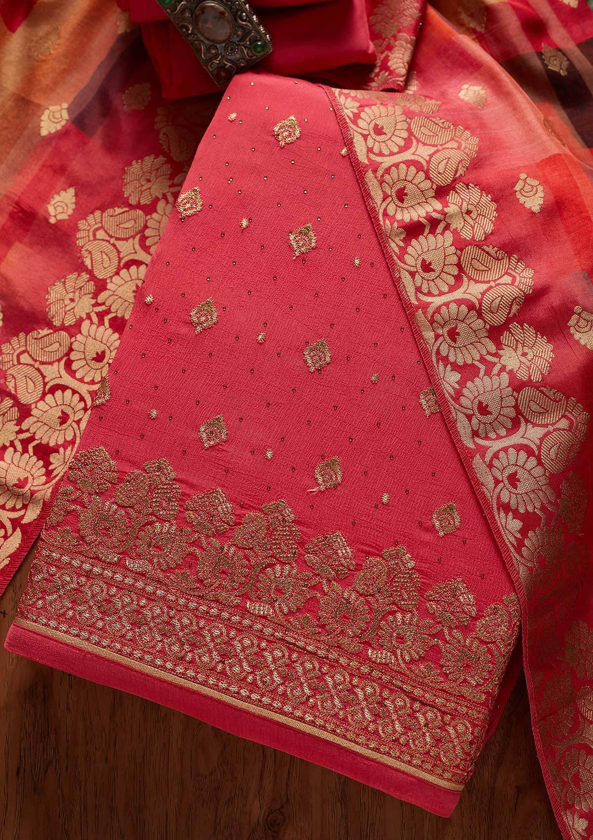 Rani Pink Zariwork Semi Crepe Designer Unstitched Salwar Suit - koskii