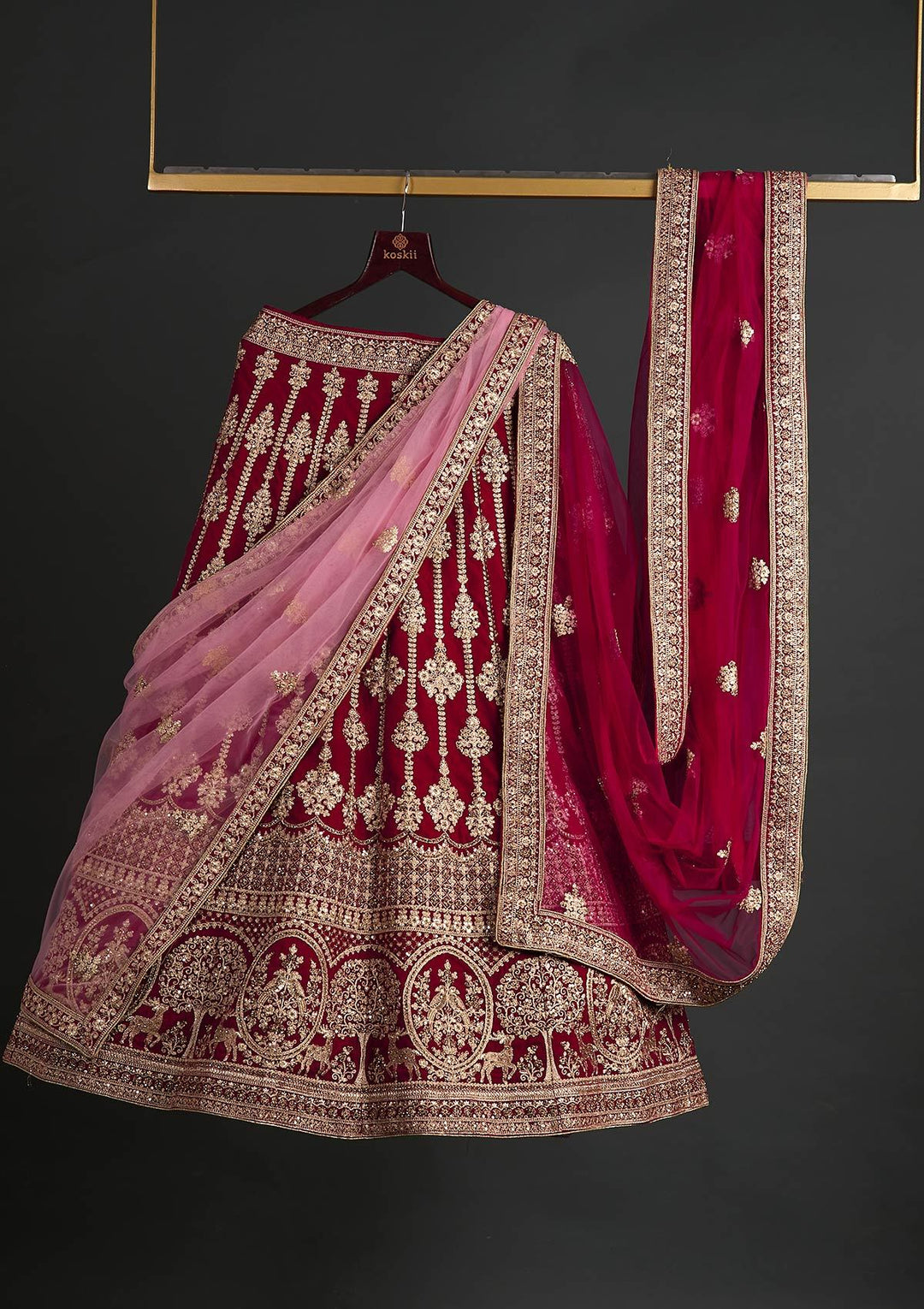 Rani Pink Zariwork Velvet Designer Semi-Stitched Lehenga - koskii