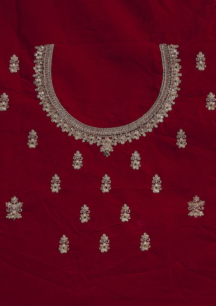 Rani Pink Zariwork Velvet Designer Semi-Stitched Lehenga - koskii