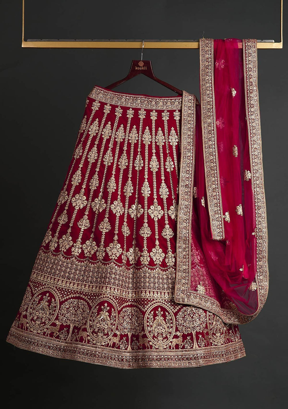 Rani Pink Zariwork Velvet Designer Semi-Stitched Lehenga - koskii