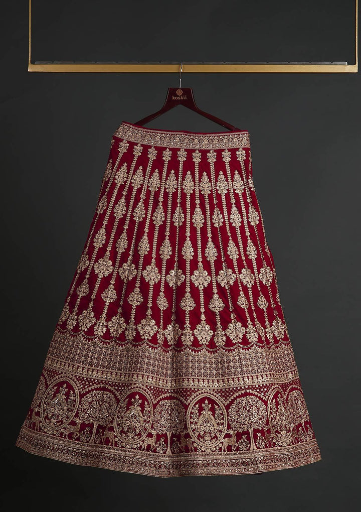 Rani Pink Zariwork Velvet Designer Semi-Stitched Lehenga - koskii