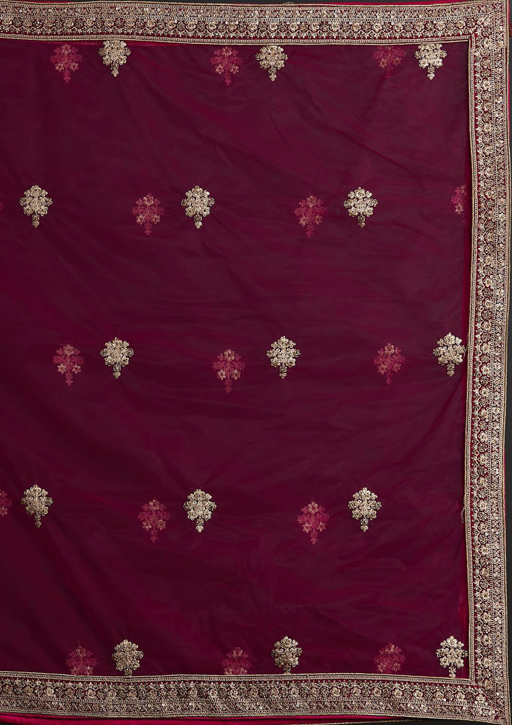 Rani Pink Zariwork Velvet Designer Semi-Stitched Lehenga - koskii