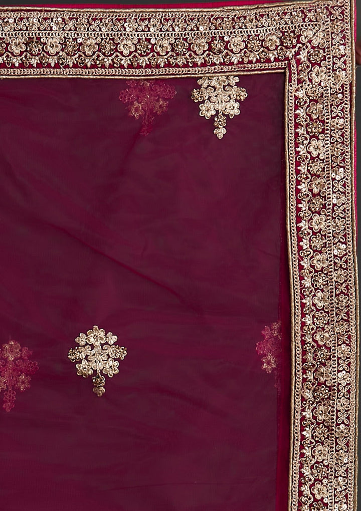Rani Pink Zariwork Velvet Designer Semi-Stitched Lehenga - koskii