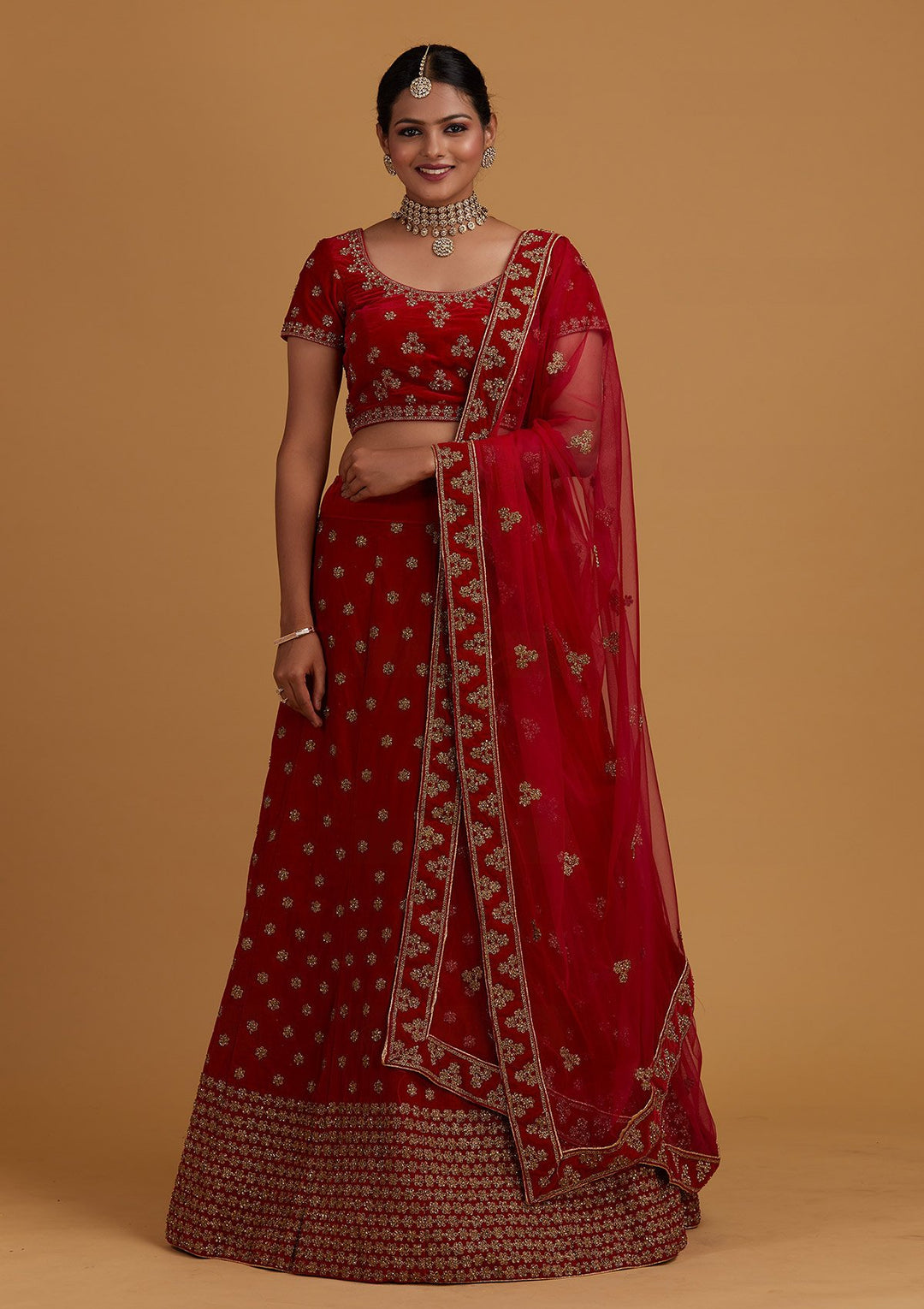 Rani Pink Zariwork Velvet Designer Semi-Stitched Lehenga - Koskii