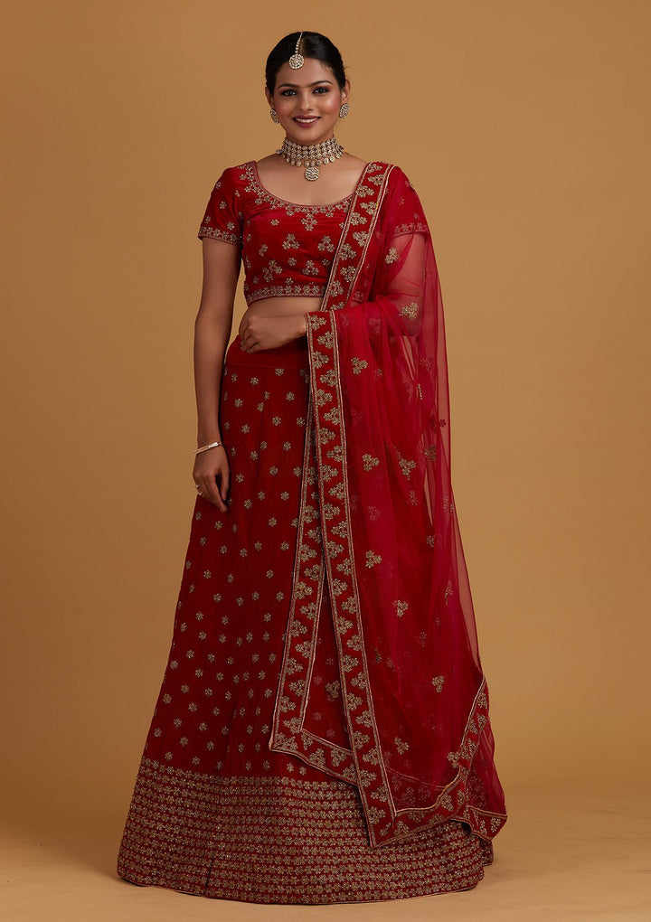 Rani Pink Zariwork Velvet Designer Semi-Stitched Lehenga - Koskii