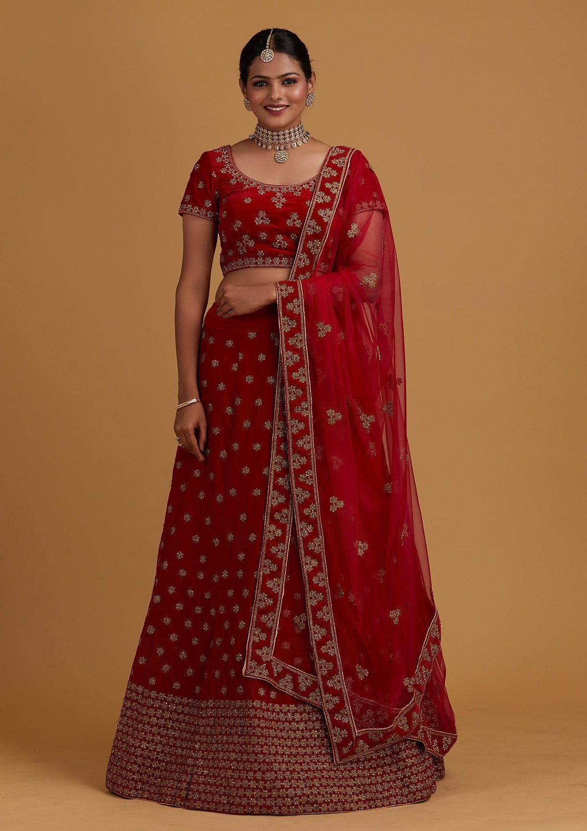 Rani Pink Zariwork Velvet Designer Semi-Stitched Lehenga - Koskii