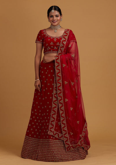 Rani Pink Zariwork Velvet Designer Semi-Stitched Lehenga - Koskii