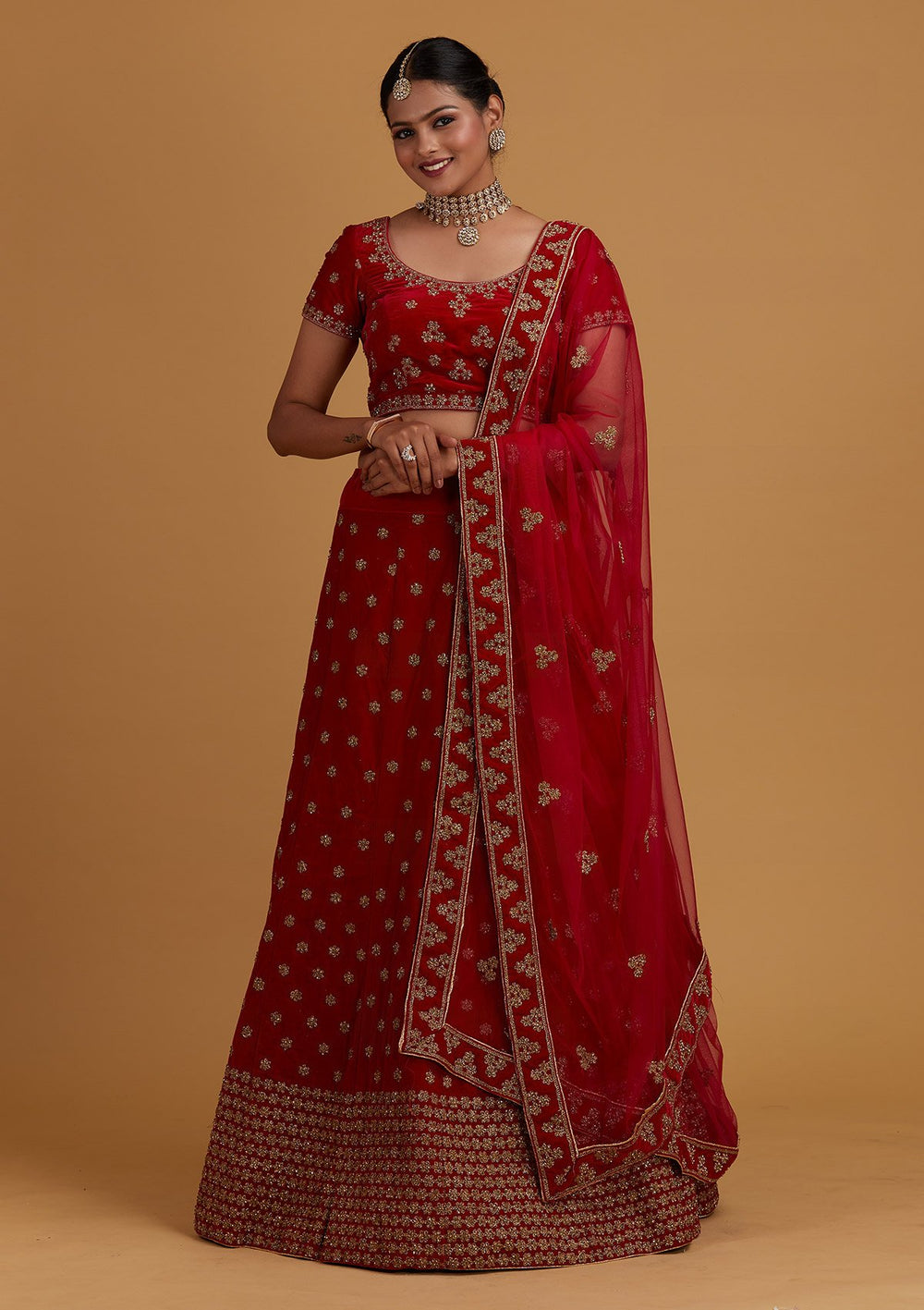 Rani Pink Zariwork Velvet Designer Semi-Stitched Lehenga - Koskii