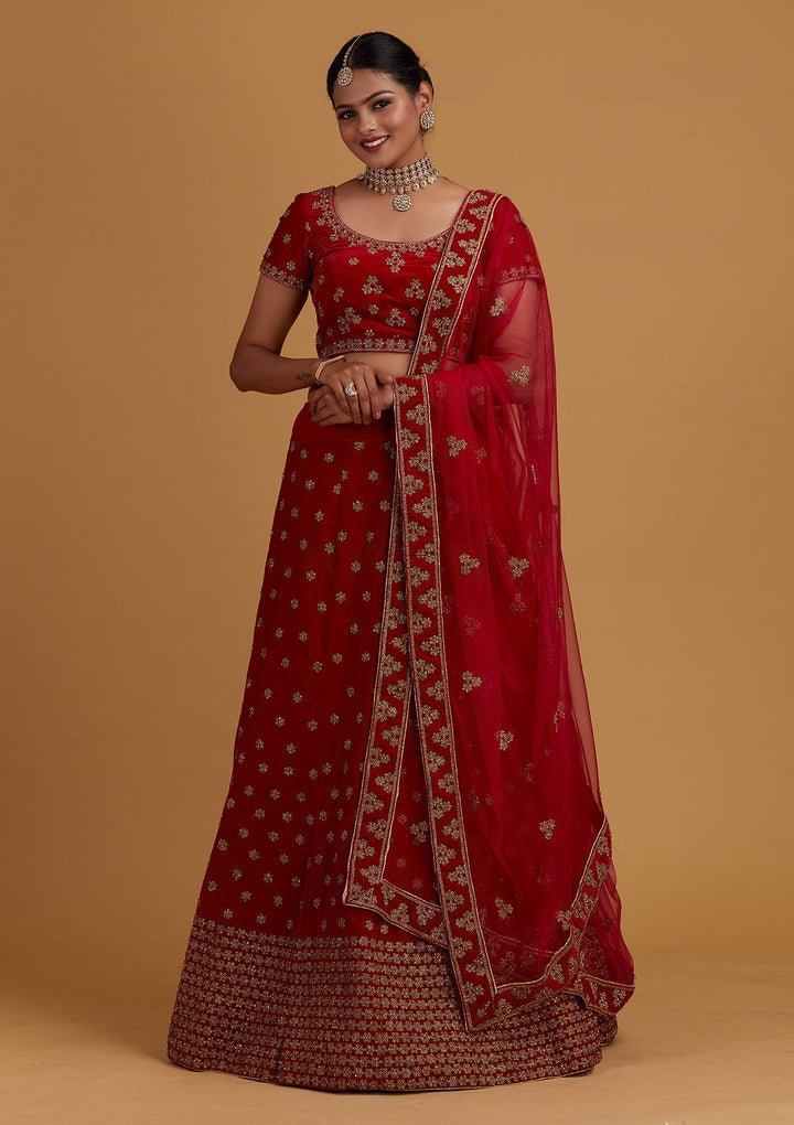 Rani Pink Zariwork Velvet Designer Semi-Stitched Lehenga - Koskii