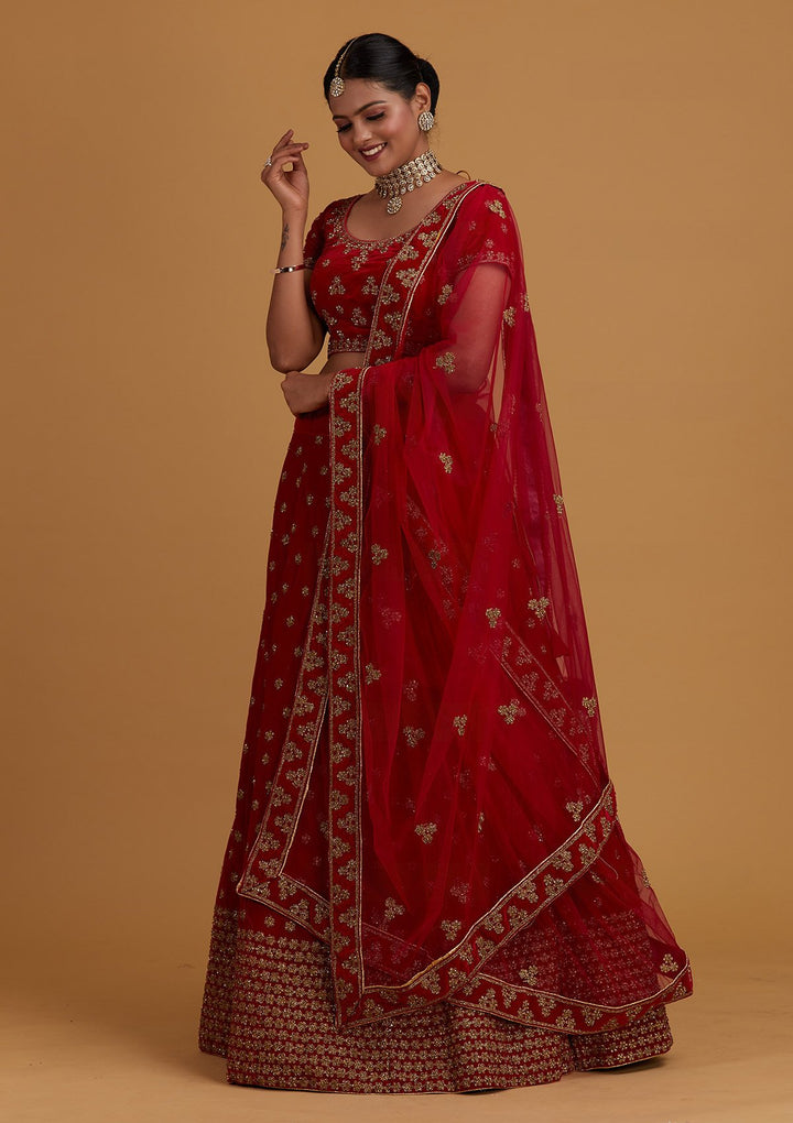 Rani Pink Zariwork Velvet Designer Semi-Stitched Lehenga - Koskii