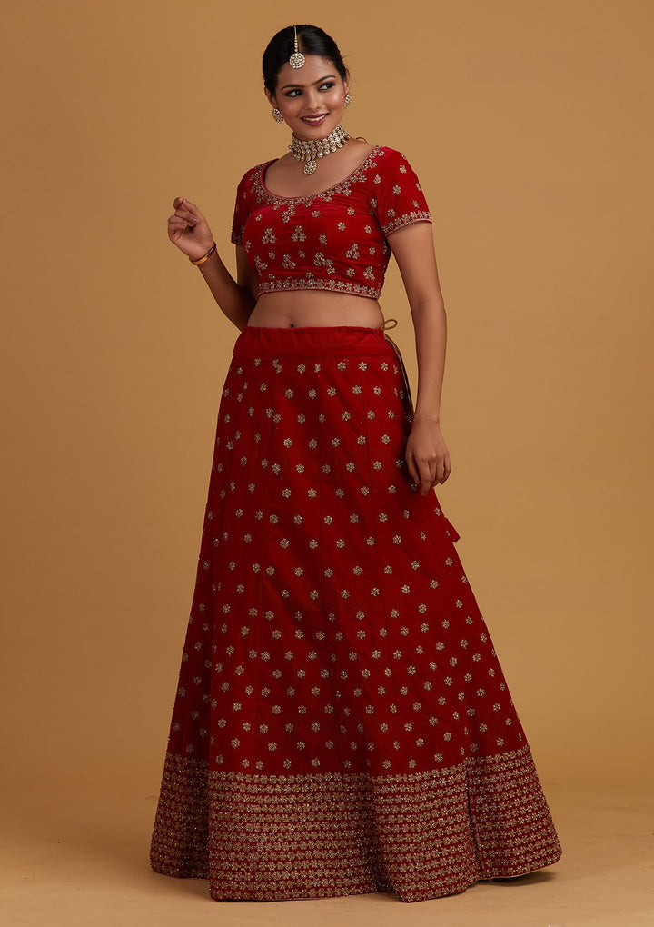 Rani Pink Zariwork Velvet Designer Semi-Stitched Lehenga - Koskii