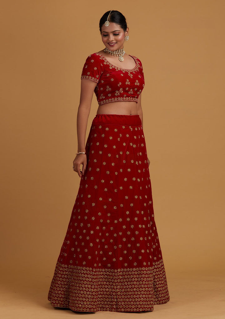 Rani Pink Zariwork Velvet Designer Semi-Stitched Lehenga - Koskii