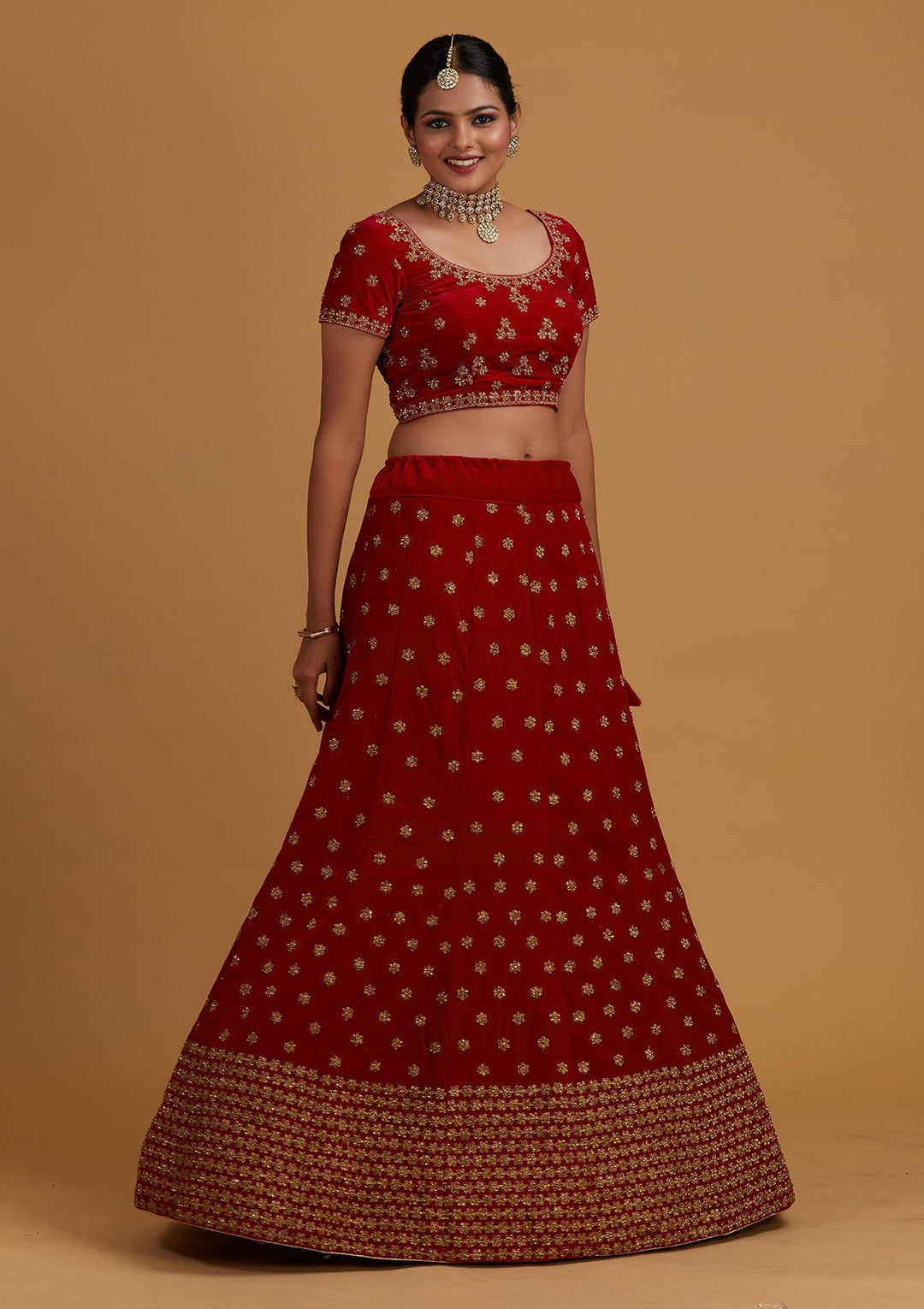 Rani Pink Zariwork Velvet Designer Semi-Stitched Lehenga - Koskii