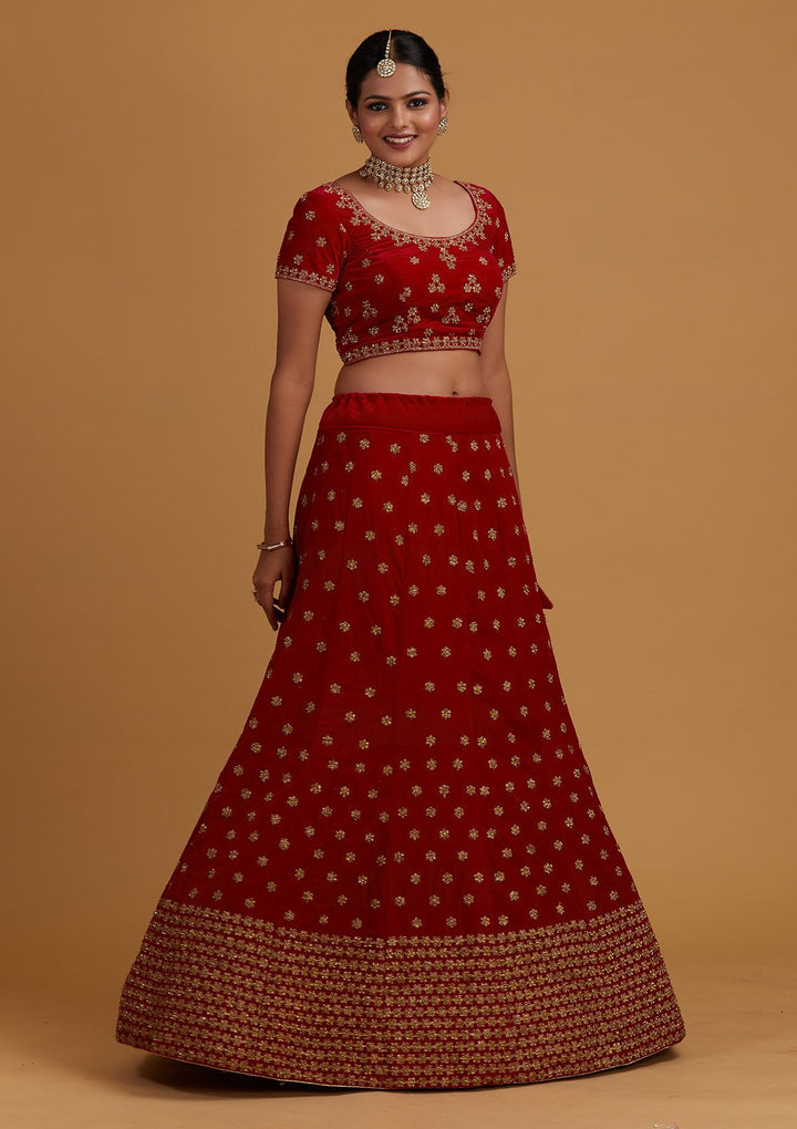 Rani Pink Zariwork Velvet Designer Semi-Stitched Lehenga - Koskii