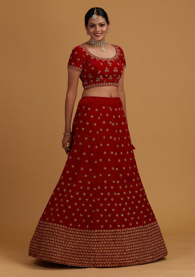 Rani Pink Zariwork Velvet Designer Semi-Stitched Lehenga - Koskii
