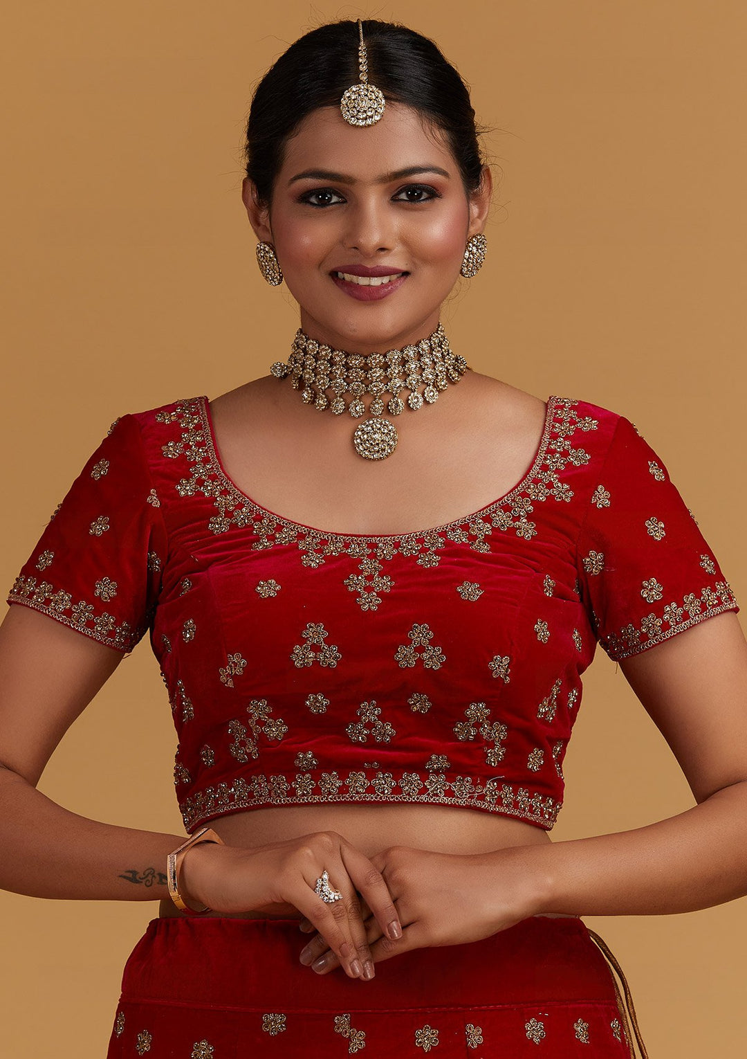 Rani Pink Zariwork Velvet Designer Semi-Stitched Lehenga - Koskii