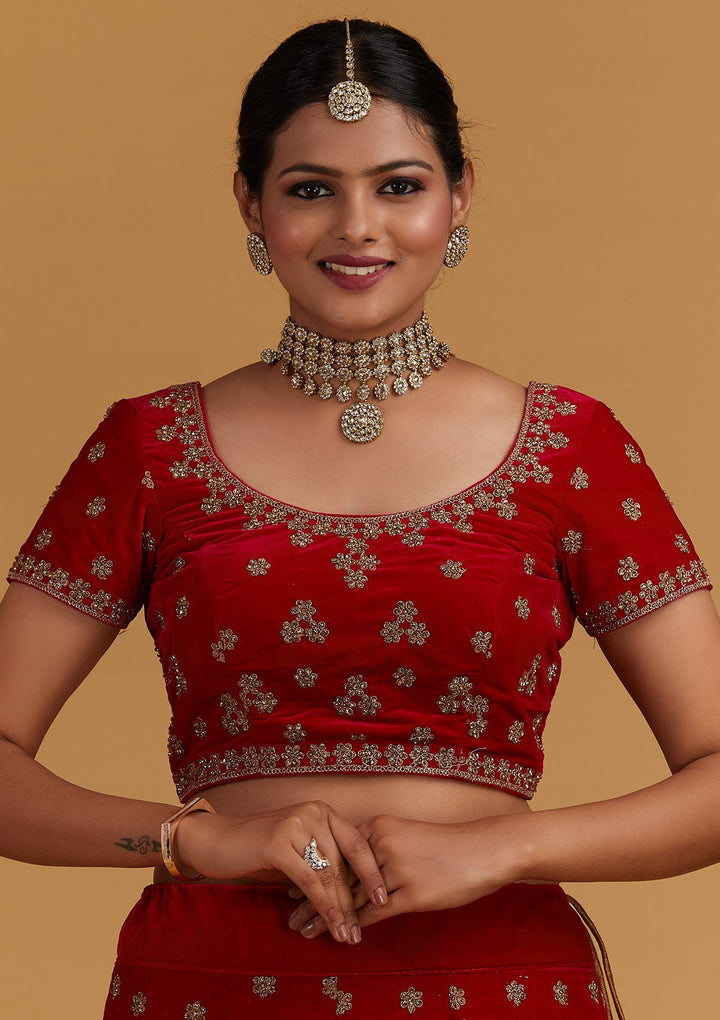 Rani Pink Zariwork Velvet Designer Semi-Stitched Lehenga - Koskii