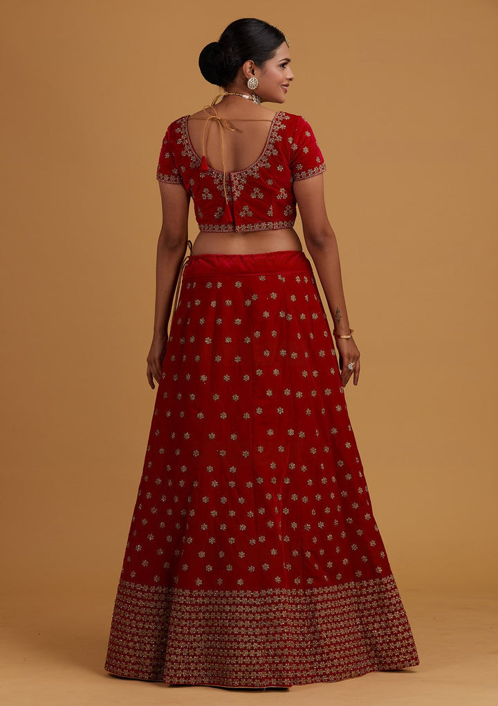 Rani Pink Zariwork Velvet Designer Semi-Stitched Lehenga - Koskii