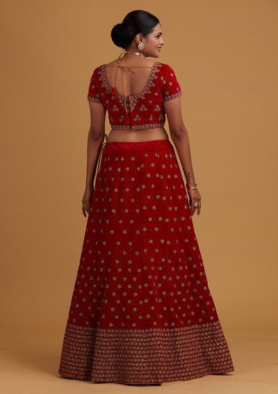 Rani Pink Zariwork Velvet Designer Semi-Stitched Lehenga - Koskii