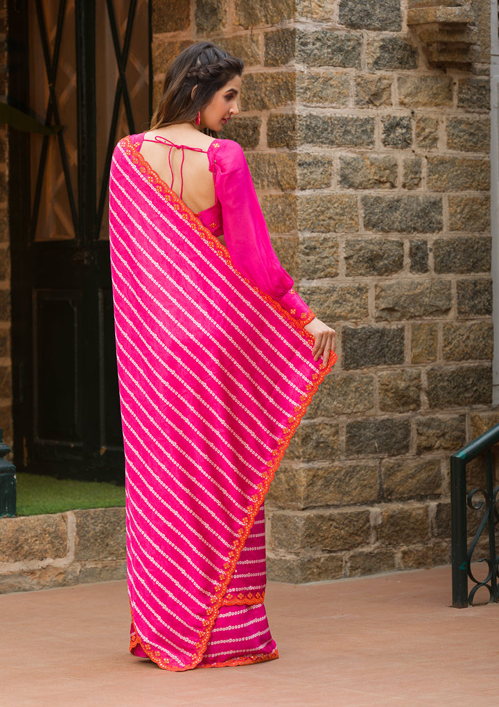 Rani Pink Bandhani Satin Saree-Koskii