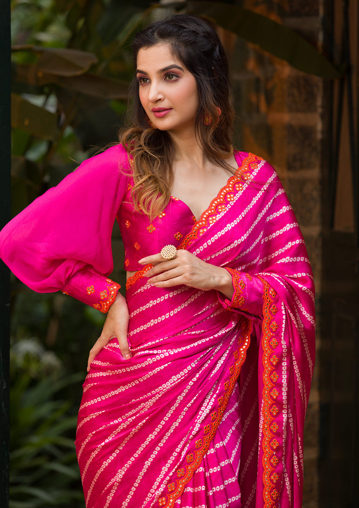 Rani Pink Bandhani Satin Saree-Koskii