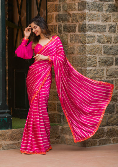 Rani Pink Bandhani Satin Saree-Koskii