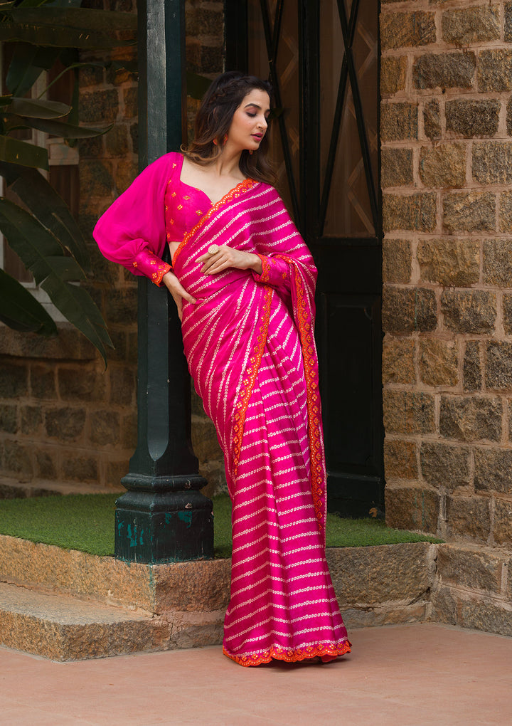 Rani Pink Bandhani Satin Saree-Koskii