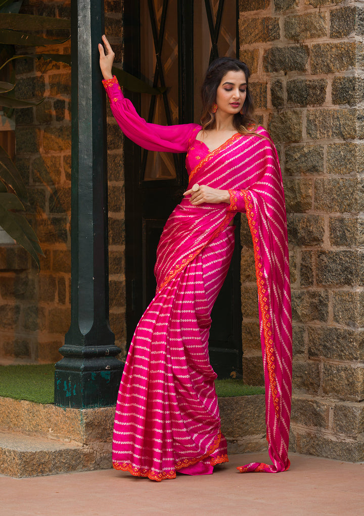 Rani Pink Bandhani Satin Saree-Koskii