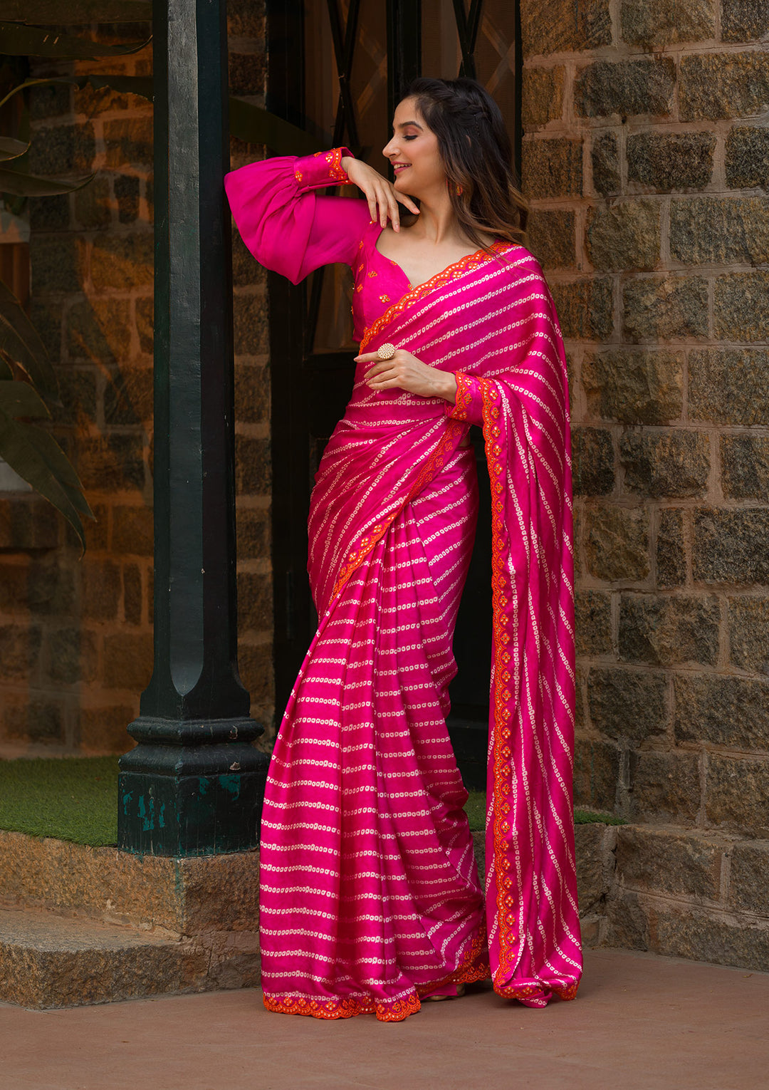 Rani Pink Bandhani Satin Saree-Koskii