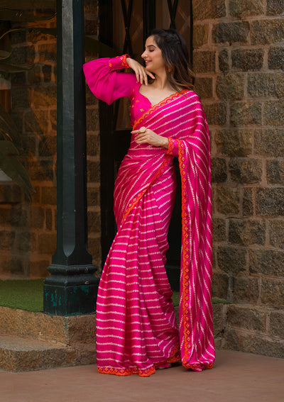 Rani Pink Bandhani Satin Saree-Koskii