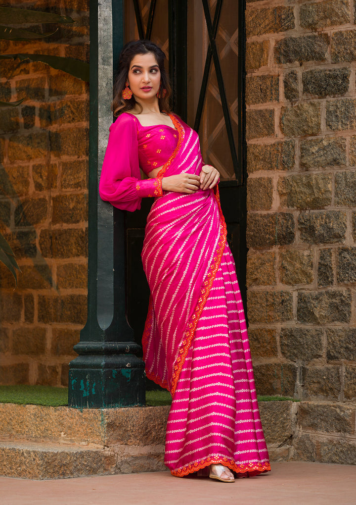 Rani Pink Bandhani Satin Saree-Koskii