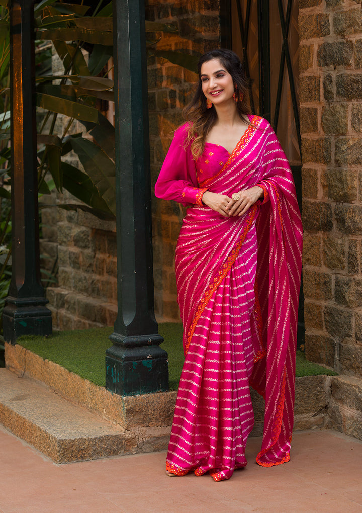 Rani Pink Bandhani Satin Saree-Koskii