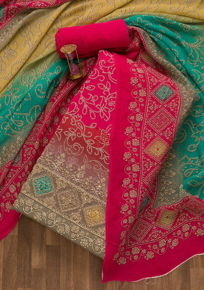 Rani Pink Bandhani Crepe Unstitched Salwar Suit-Koskii