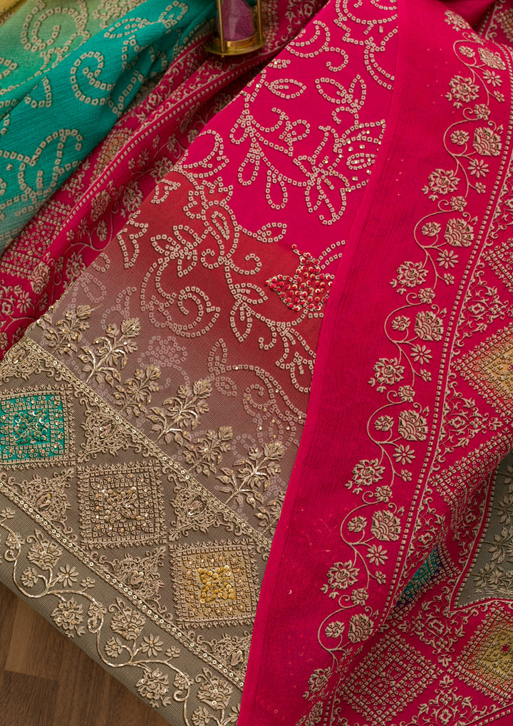 Rani Pink Bandhani Crepe Unstitched Salwar Suit-Koskii