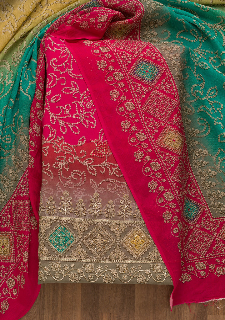 Rani Pink Bandhani Crepe Unstitched Salwar Suit-Koskii