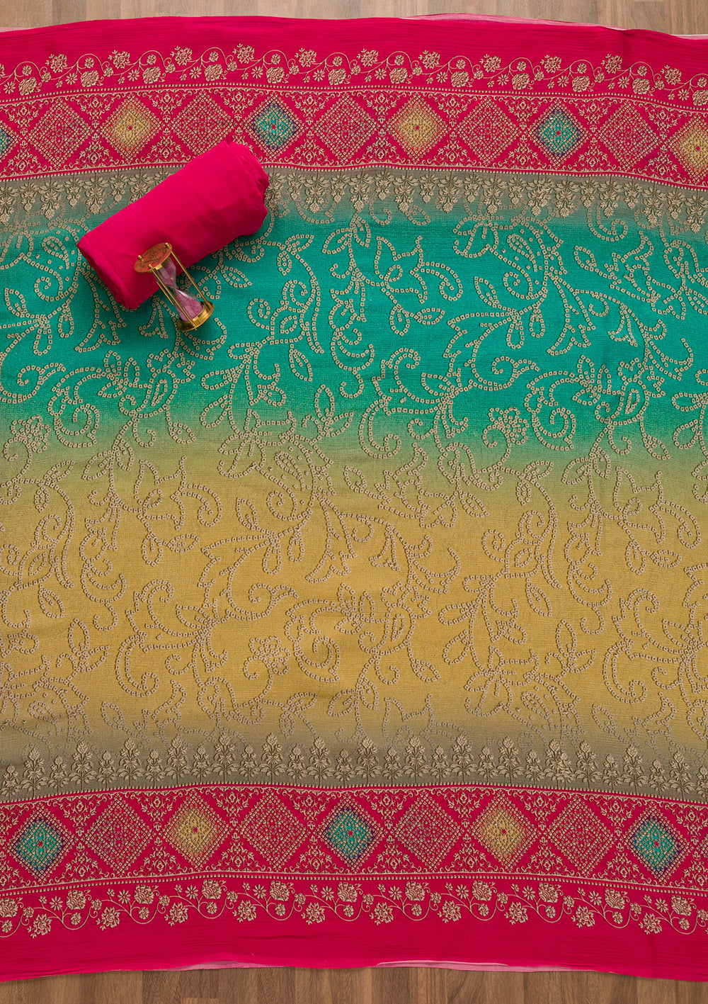 Rani Pink Bandhani Crepe Unstitched Salwar Suit-Koskii