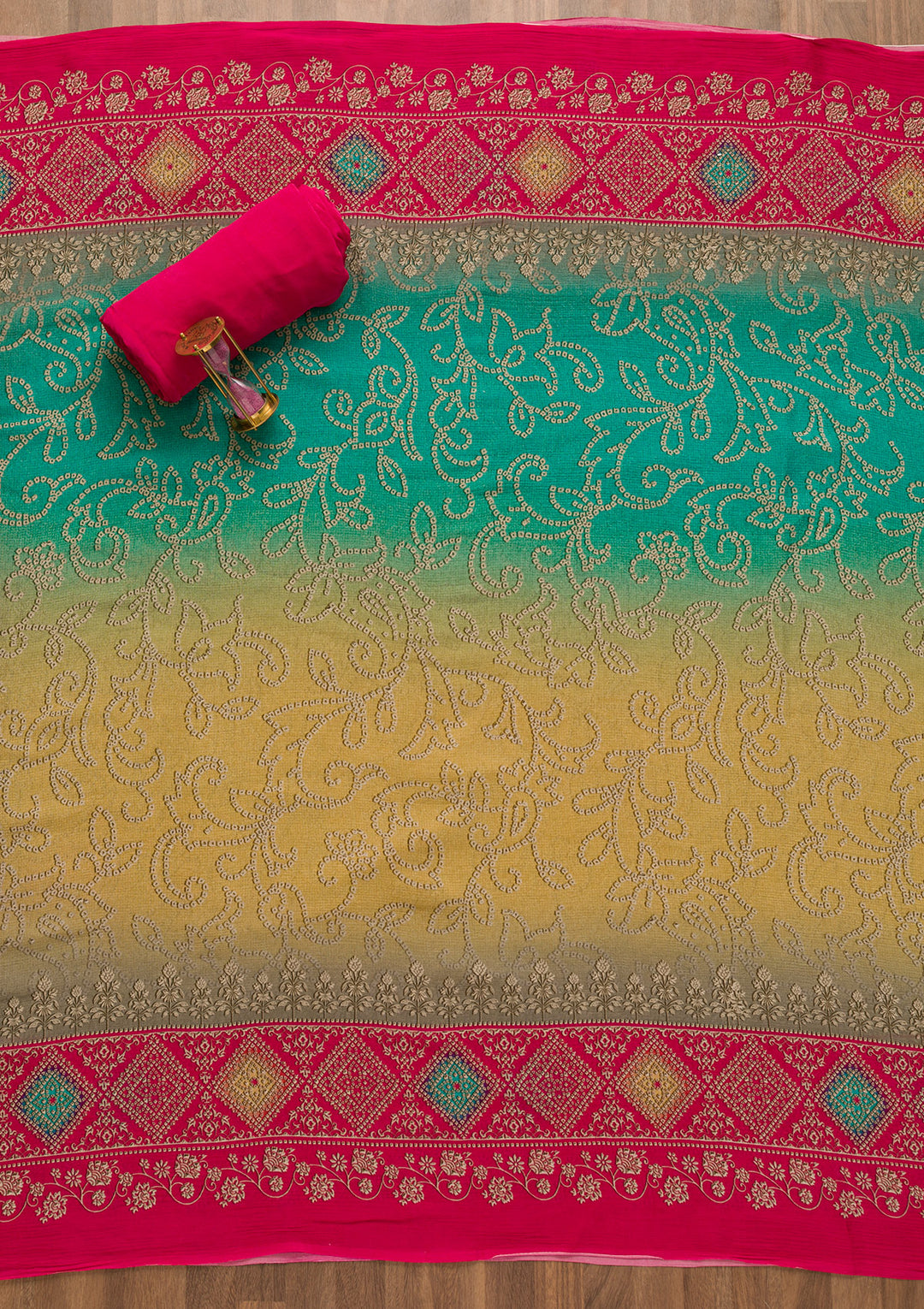 Rani Pink Bandhani Crepe Unstitched Salwar Suit-Koskii