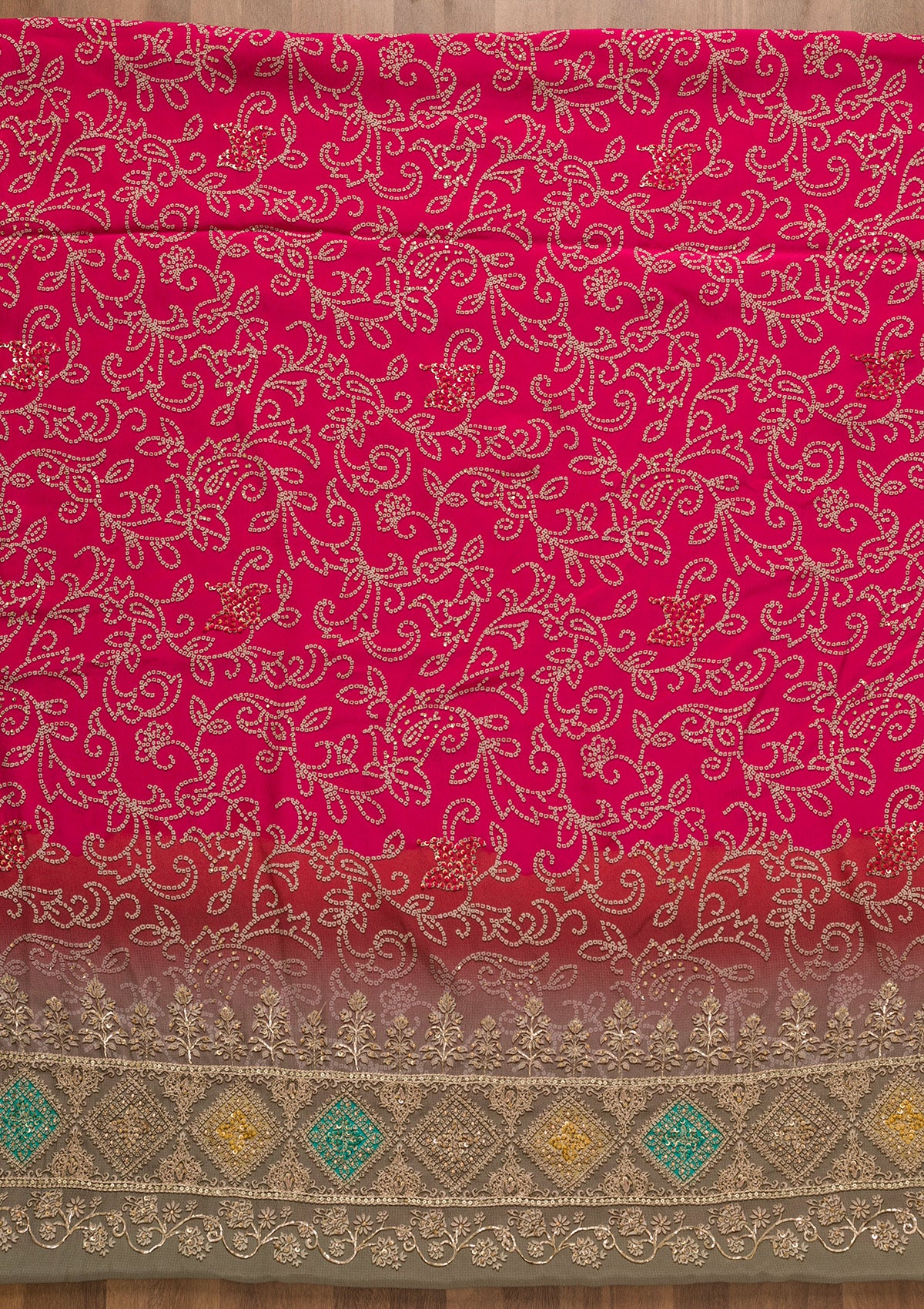 Rani Pink Bandhani Crepe Unstitched Salwar Suit-Koskii