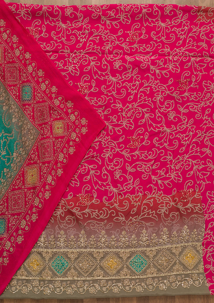 Rani Pink Bandhani Crepe Unstitched Salwar Suit-Koskii