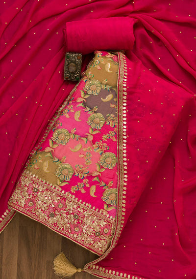Rani Pink Cutdana Soft Silk Unstitched Salwar Suit-Koskii