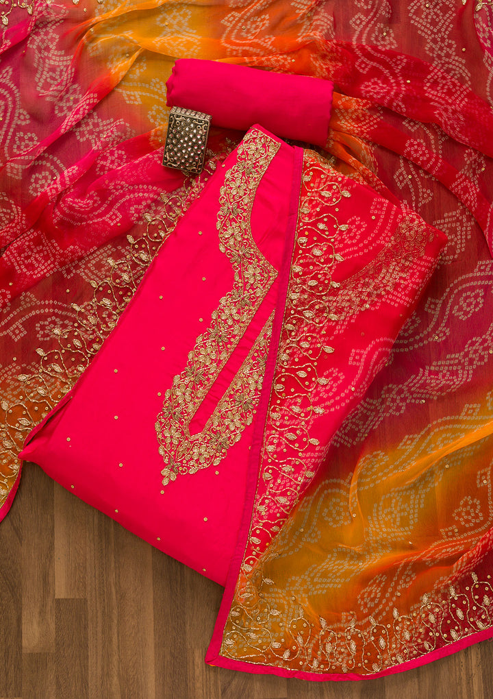 Rani Pink Cutdana Semi Crepe Unstitched Salwar Suit-Koskii