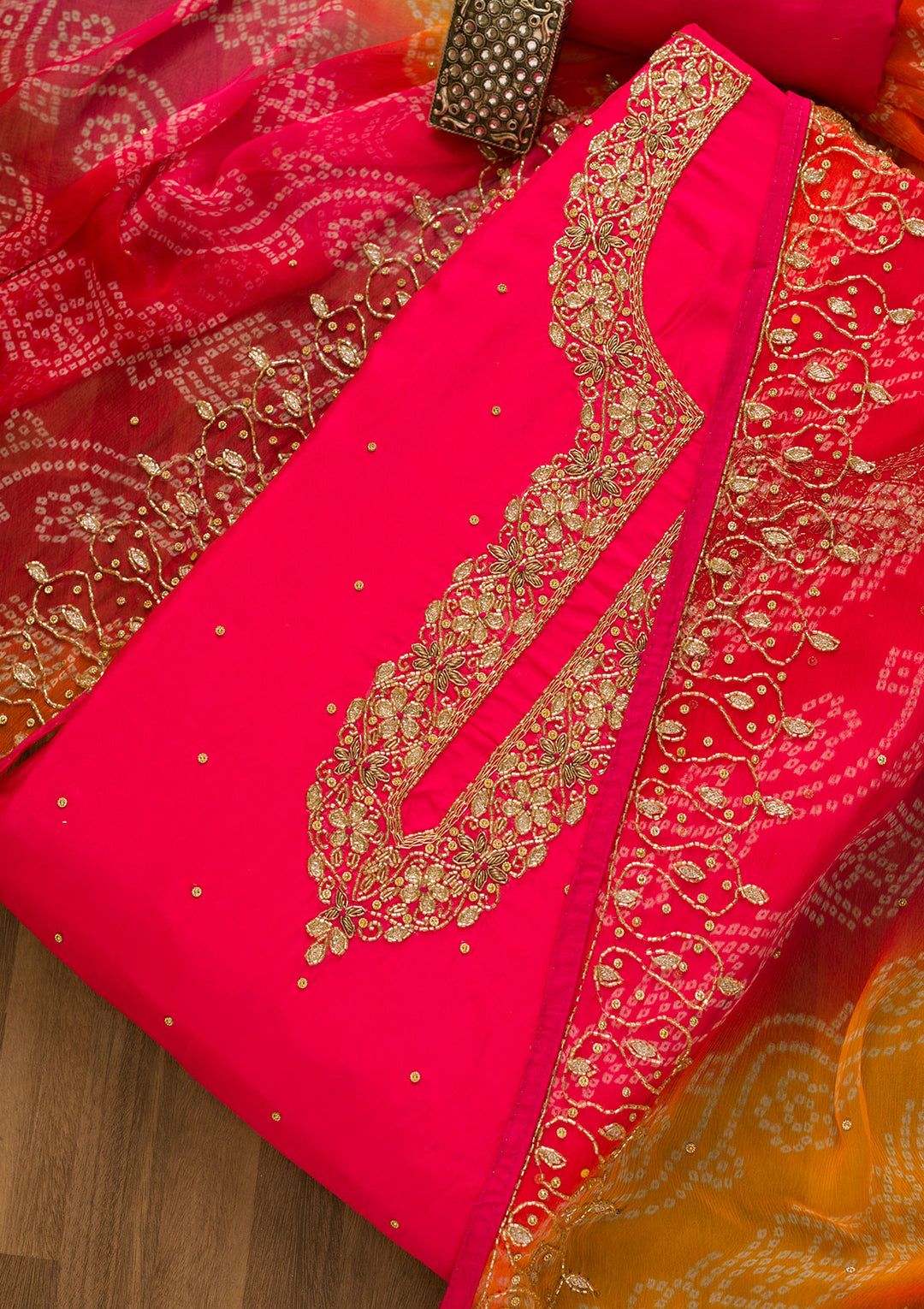 Rani Pink Cutdana Semi Crepe Unstitched Salwar Suit-Koskii
