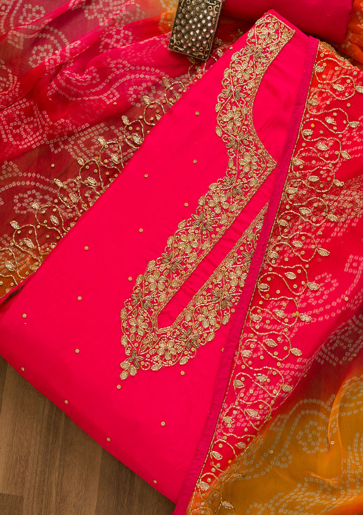 Rani Pink Cutdana Semi Crepe Unstitched Salwar Suit-Koskii
